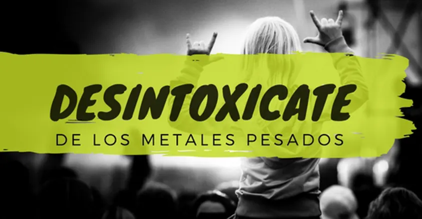 imagen con un cartel que dice "DESINTOXÍCATE" y de fondo gente en un concierto heavy metal